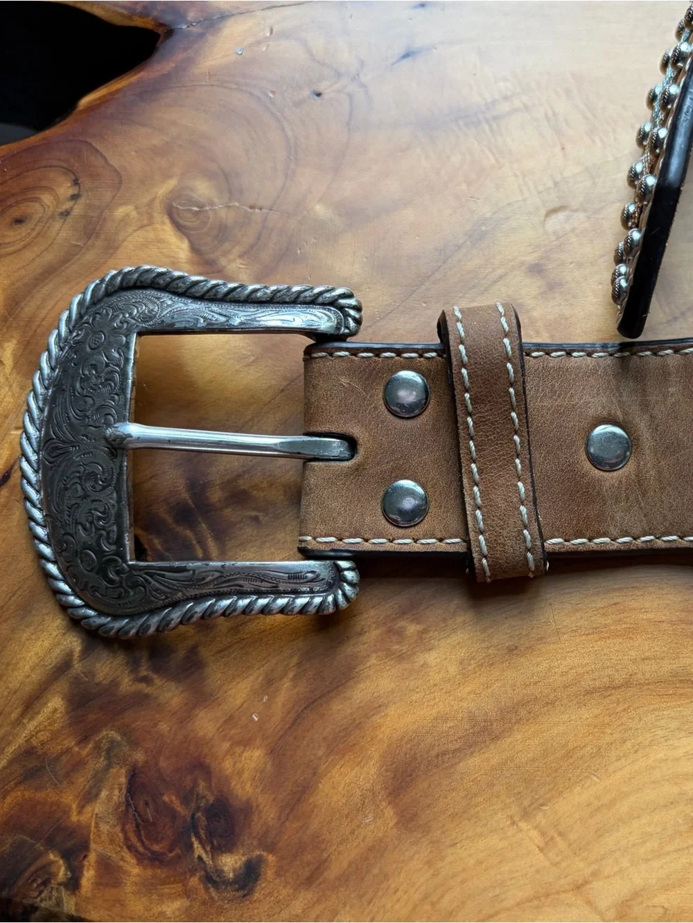 Embroidered Western-Style Brown Leather Belt with Turquoise Accents